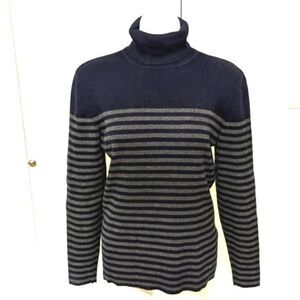 Liz Claiborne Cotton Blend Navy/Grey Stripe Turtleneck Long Sleeve Sweat…
